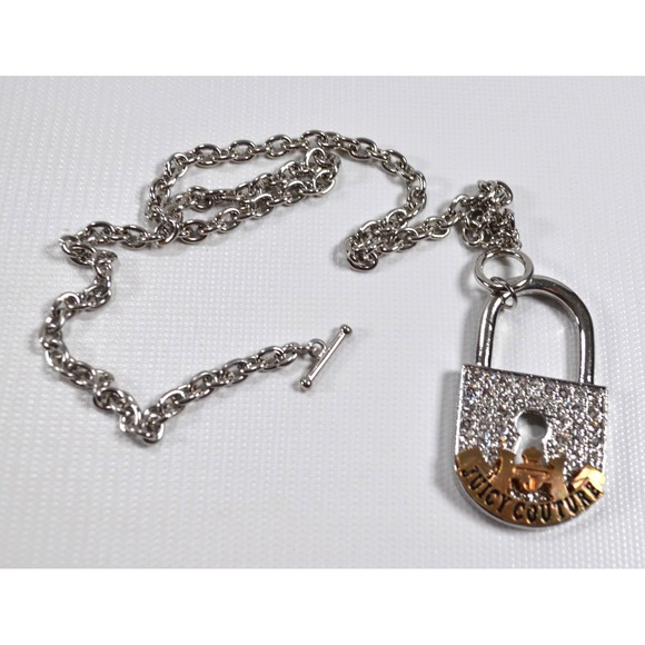 Juicy Couture Silver‎ Tone Large Padlock Rhinestone Chain Fob Hangtag